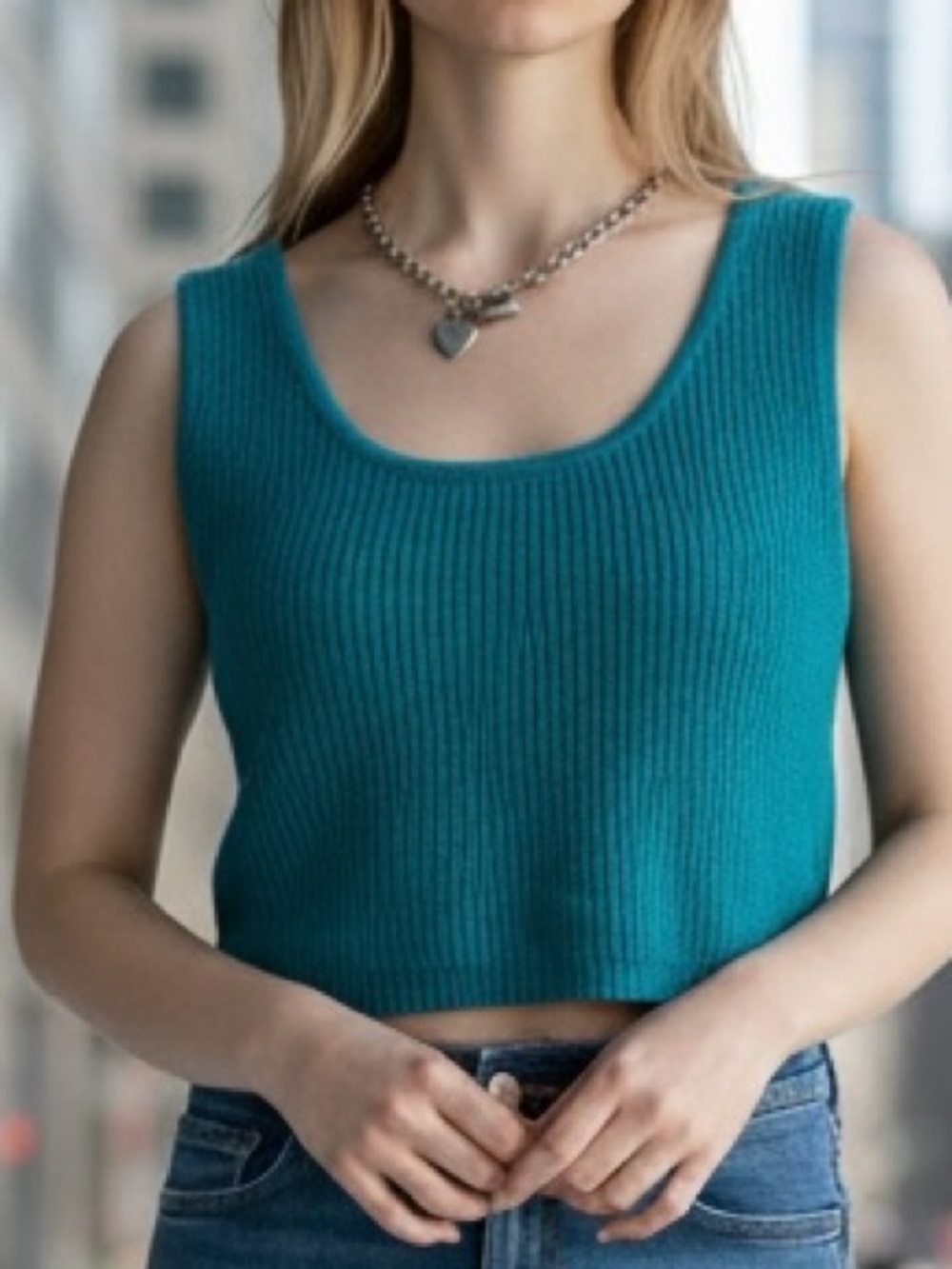VTG Crop Cotton Sweater, Sleeveless. Stretch, Wide Weave, Dark Vivid Teal